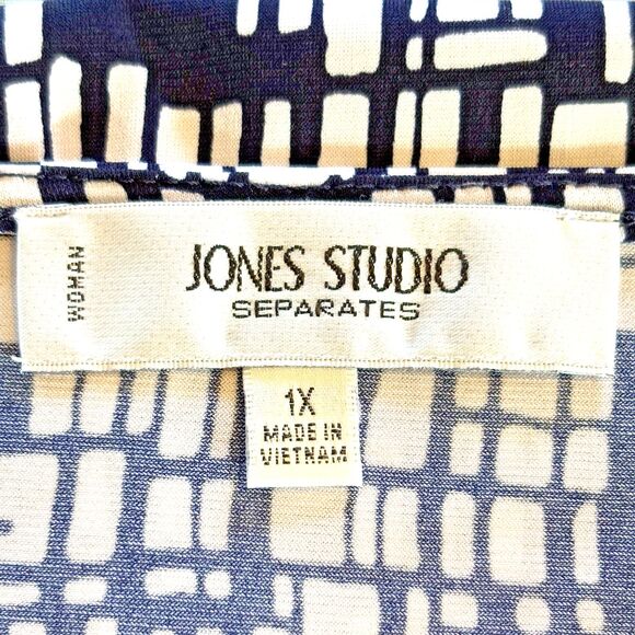 Jones Studio NY Sleeveless Blouse (1X), Drape Cowl Neck, White w/Blue Print NWOT - Picture 9 of 11